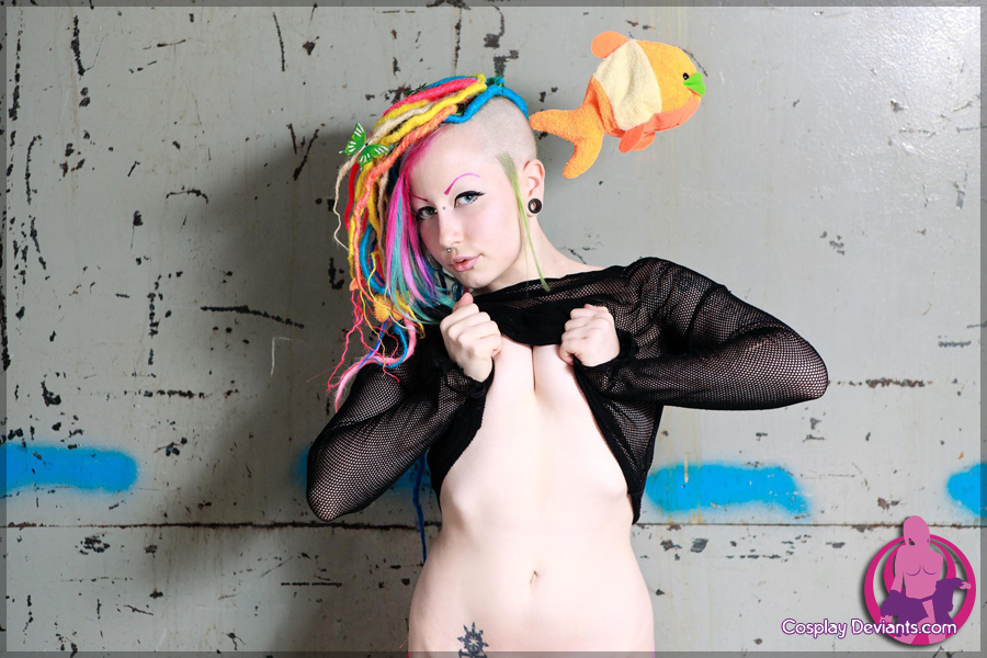 breasts cosplay cosplaydeviants female long_hair multicolored_hair porphyria small_breasts solo watermark