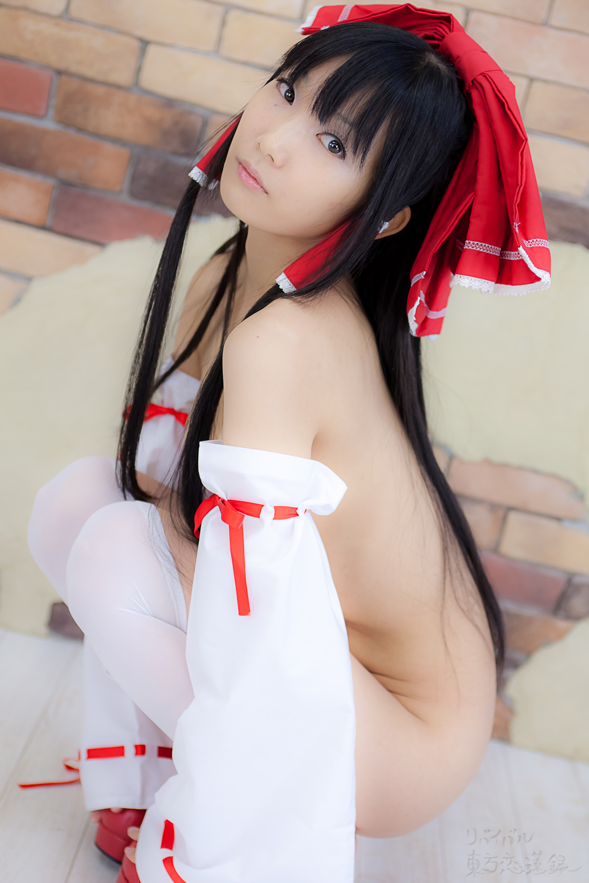 asian bare_shoulders black_hair breasts cosplay female long_hair navel pasties socks solo twintails