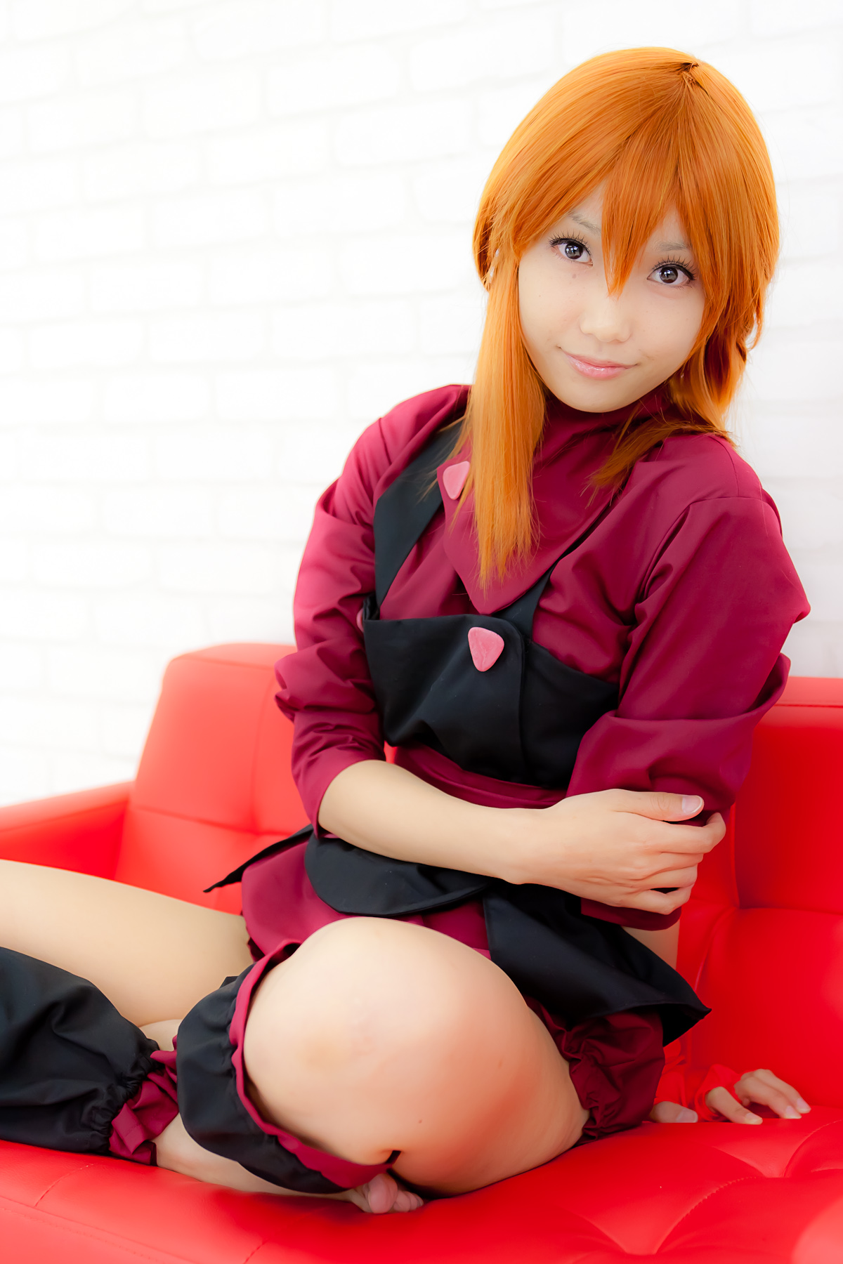 apron asian belt breasts cosplay female long_hair orange_hair sandals shoes solo