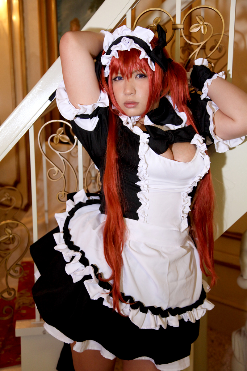 arms_up asian breasts chouzuki_maryou cleavage dress female huge_breasts long_hair maid plump red_hair shoes socks solo