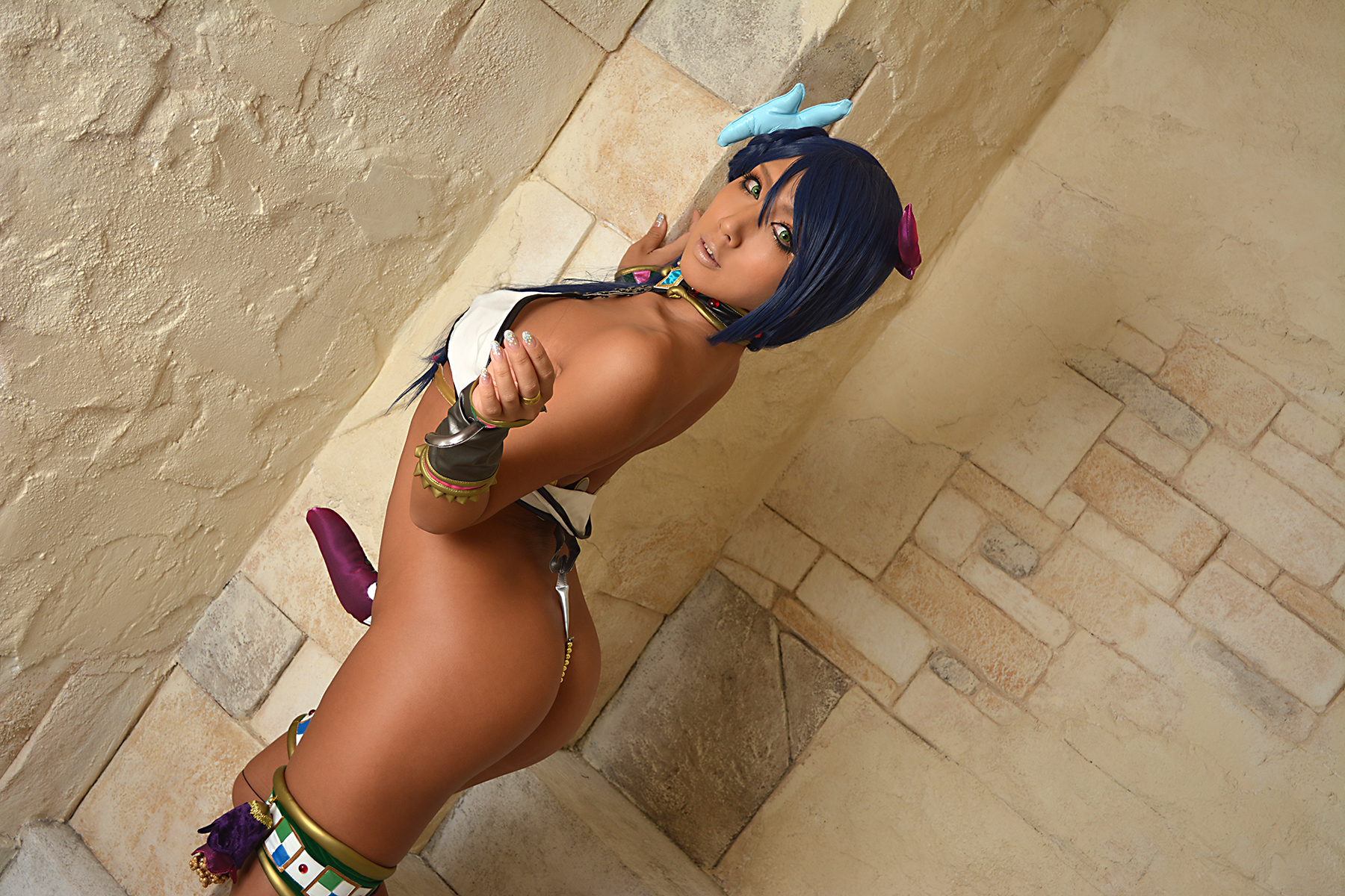asian ass blue_hair breasts cosplay dark-skinned_female dark_skin dildo female large_breasts long_hair looking_back nonsummerjack queen's_blade skimpy skimpy_clothes solo