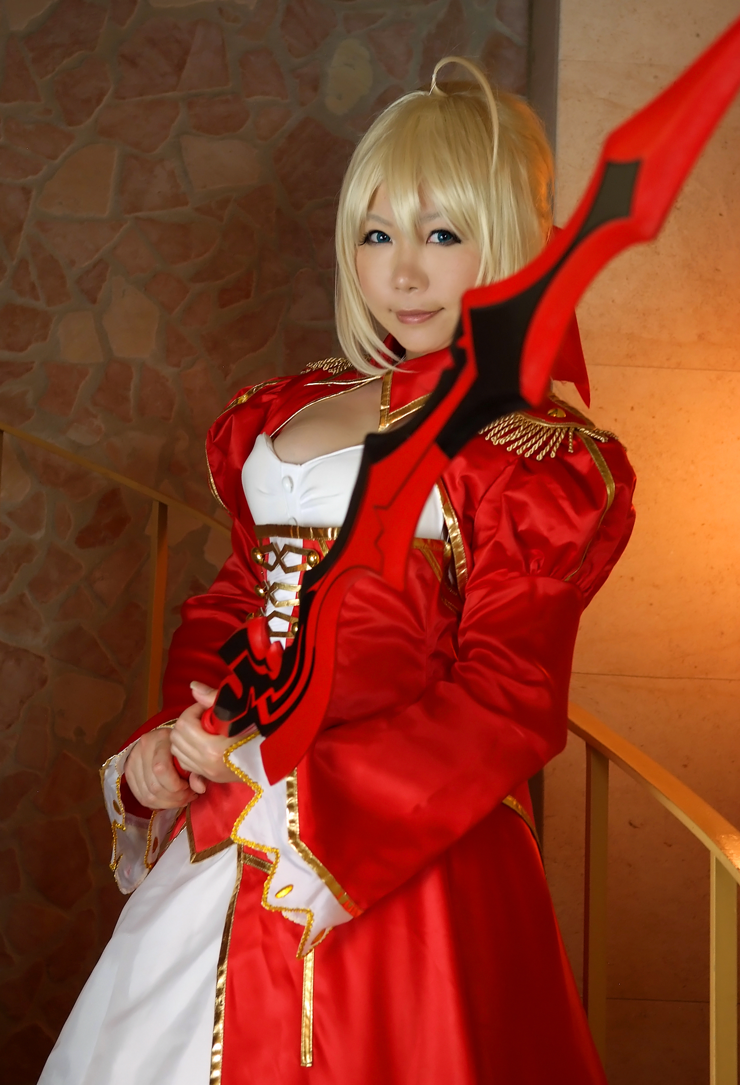 asian blonde_hair boots breasts cosplay dress female high_heels long_hair solo