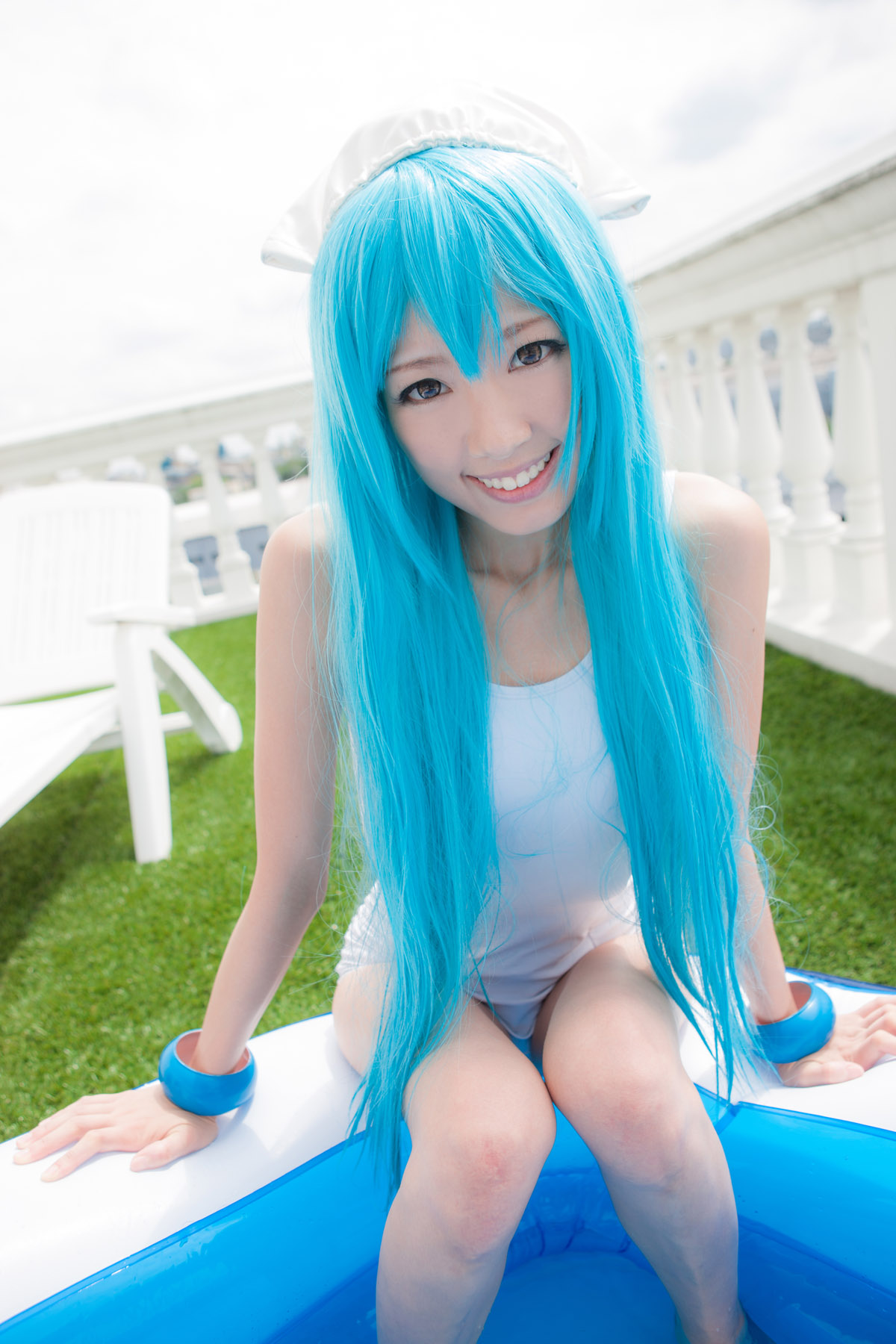 asian blue_hair breasts cosplay female hat long_hair outside pool solo swimsuit water wet