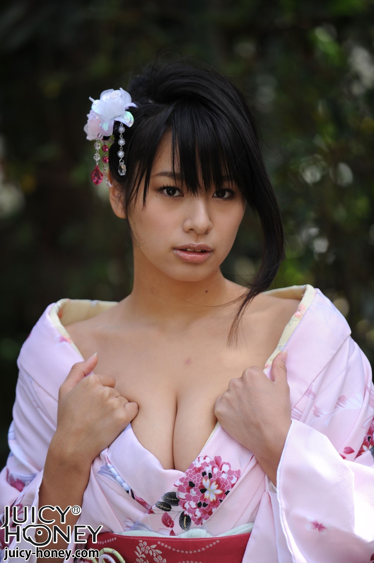 asian black_hair cleavage full_lips hana_haruna kimono large_breasts