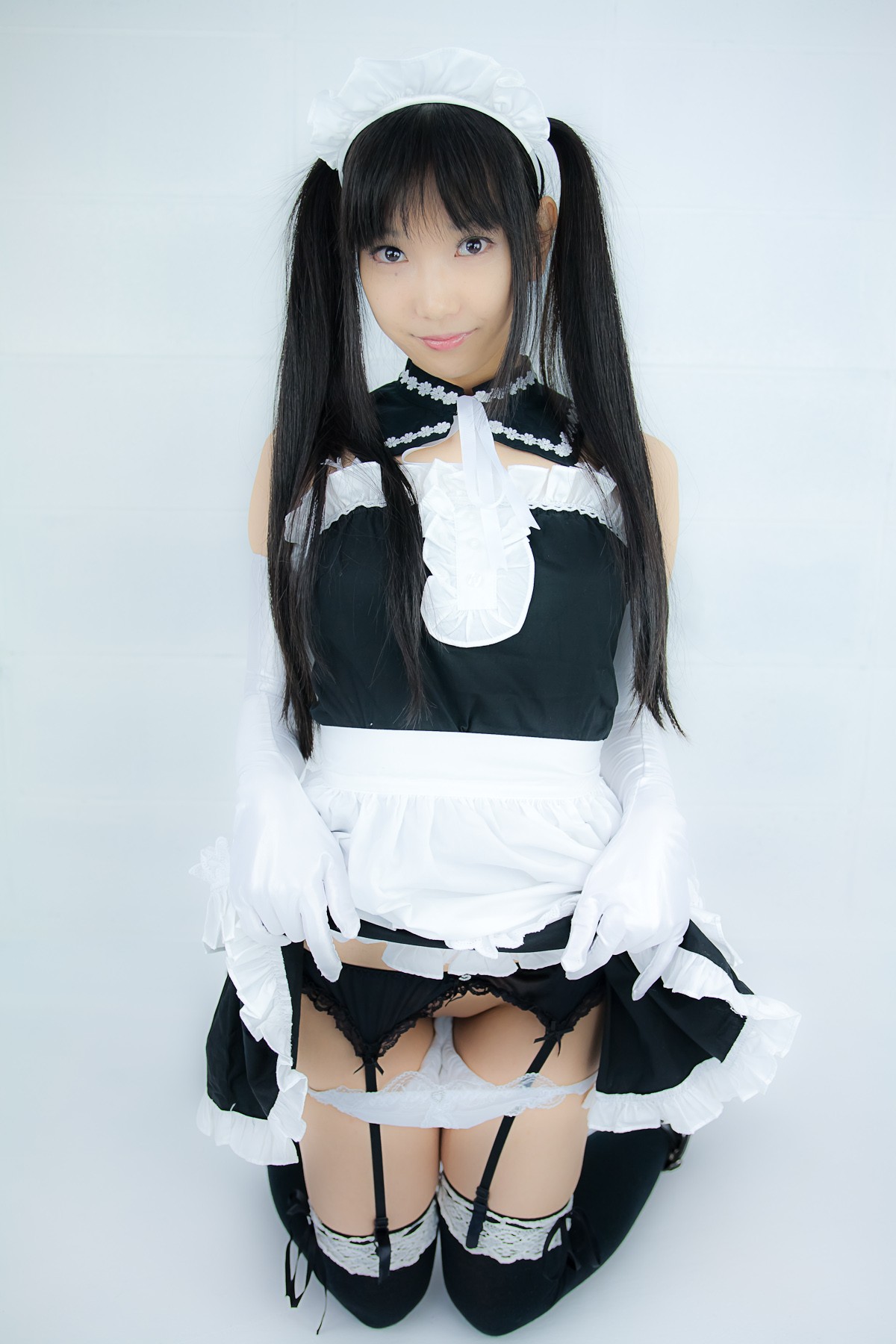 asian black_hair female high_heels lenfried long_hair maid shoes solo thighhighs twintails