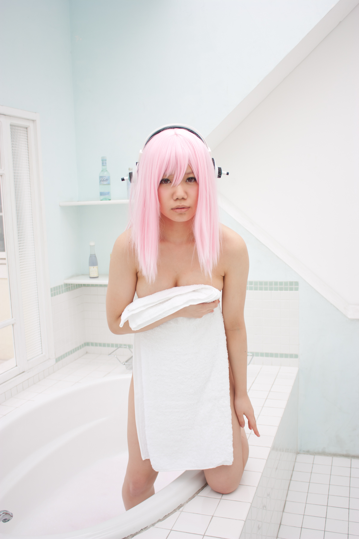 asian bathroom breasts cosplay female headphones long_hair nude pink_hair solo