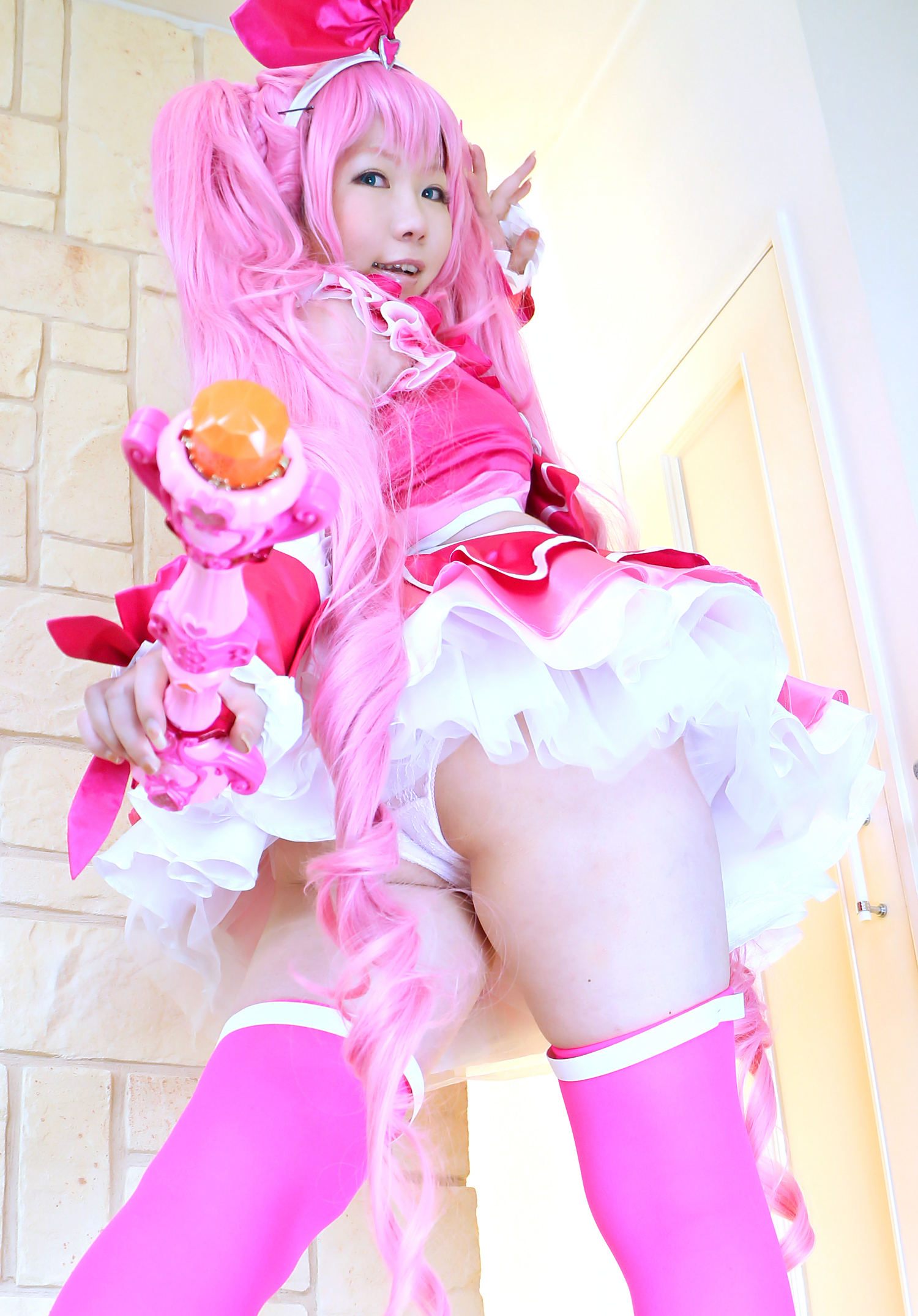 asian breasts cosplay female high_heels long_hair midriff pink_hair shoes skirt solo thighhighs twintails