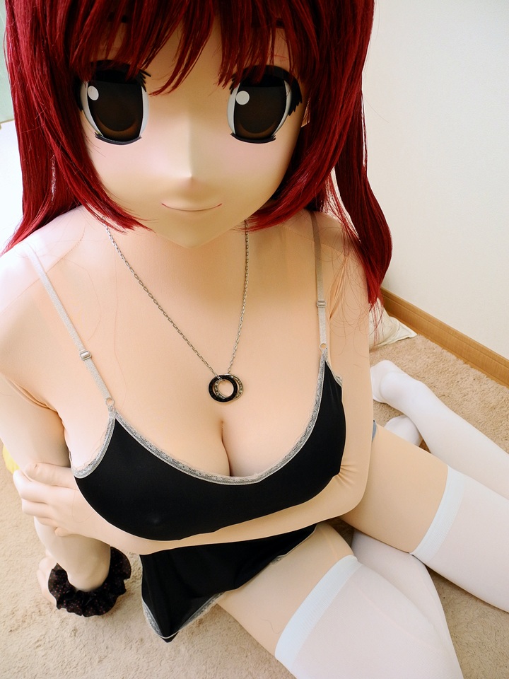 breasts cleavage female kigurumi long_hair sitting smile solo tank_top thighhighs