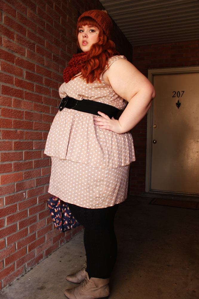 1girl beanie belt chubby clothed dress facial_piercing fat female female_only hand_on_hip knit_cap leggings looking_at_viewer parted_lips piercing plump polka_dot purse red_hair scarf shoes solo thick white_female