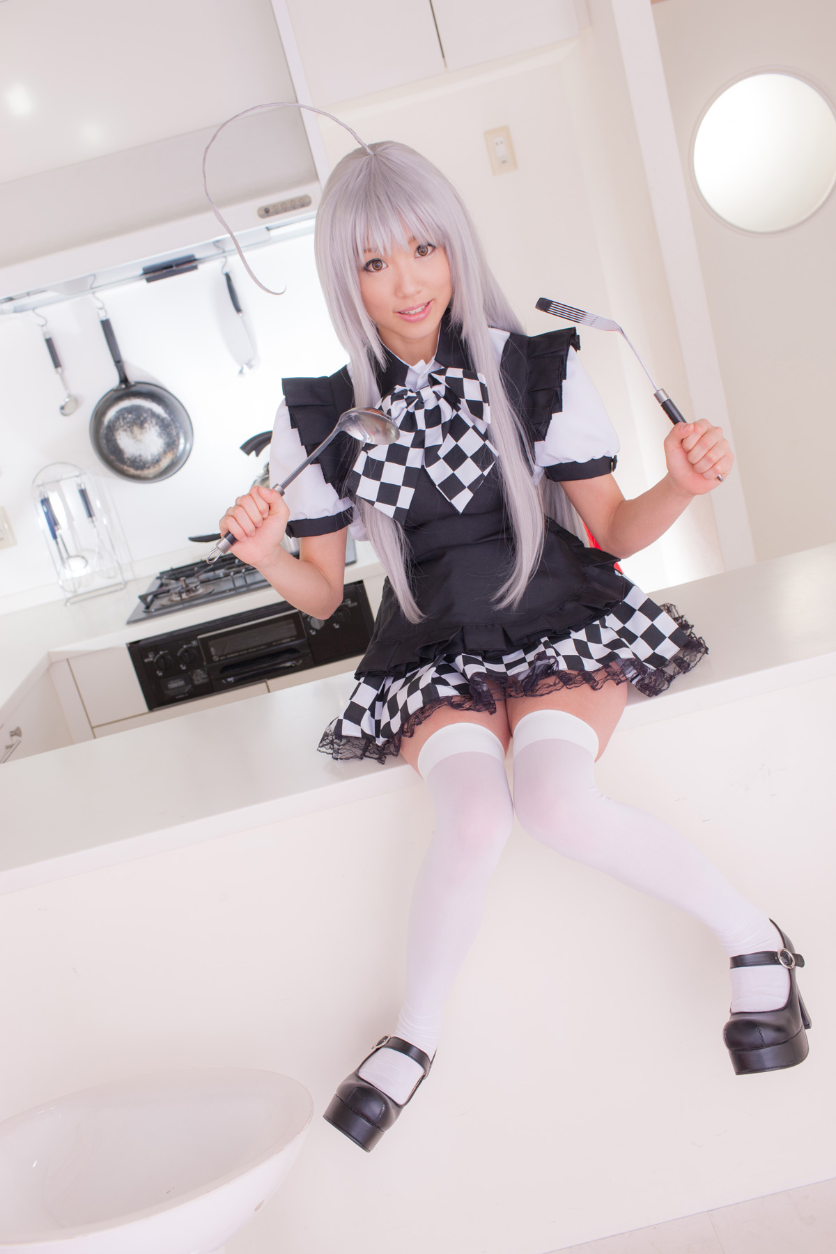 apron asian breasts cosplay female grey_hair high_heels long_hair panties shoes skirt solo thighhighs