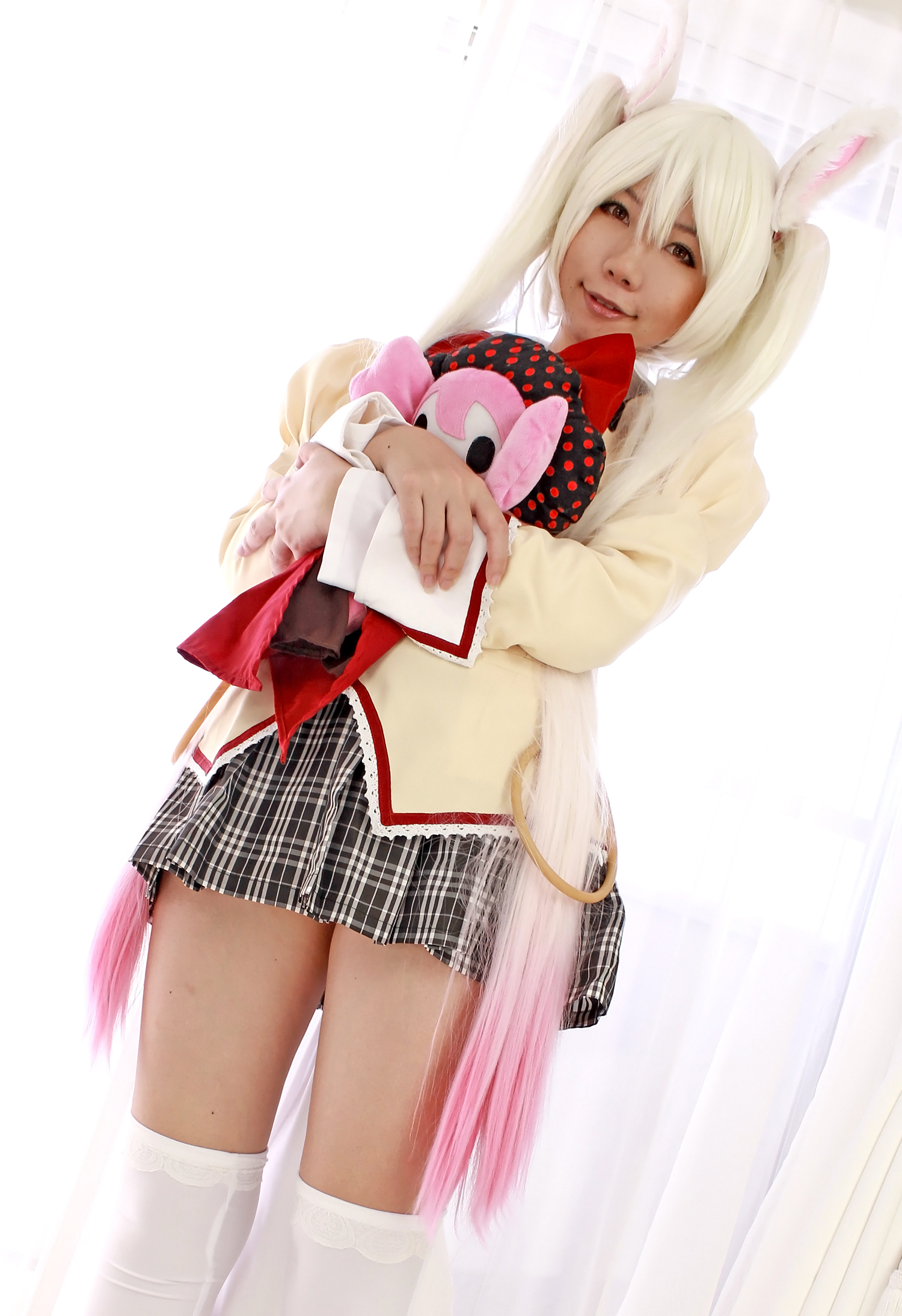 animal_ears asian breasts cosplay female high_heels long_hair shoes skirt socks solo twintails white_hair