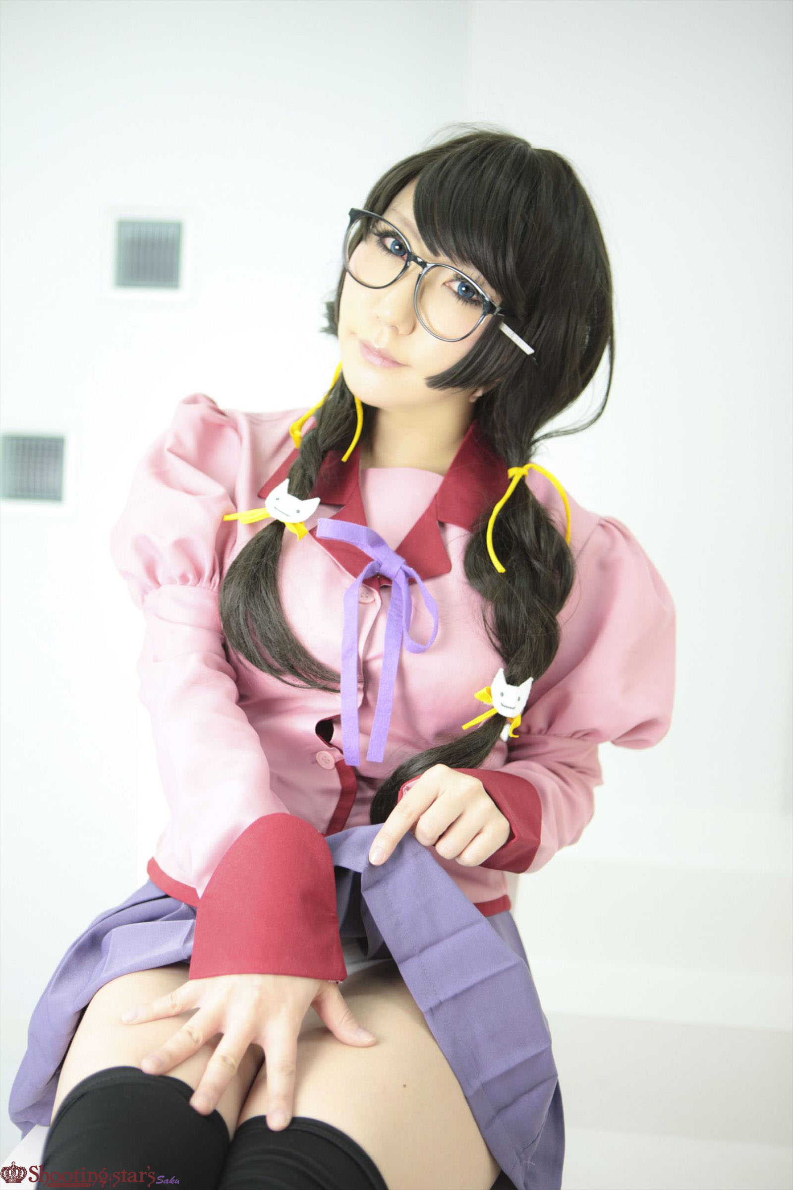 asian black_hair breasts cosplay female glasses high_heels kneehighs long_hair shoes shooting_star skirt solo watermark