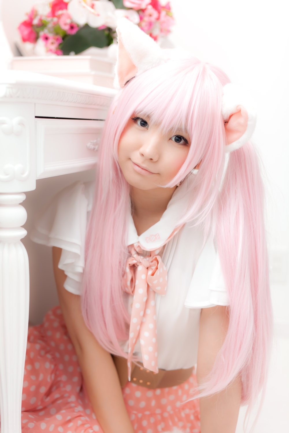 animal_ears asian breasts cosplay enako female long_hair pink_hair solo