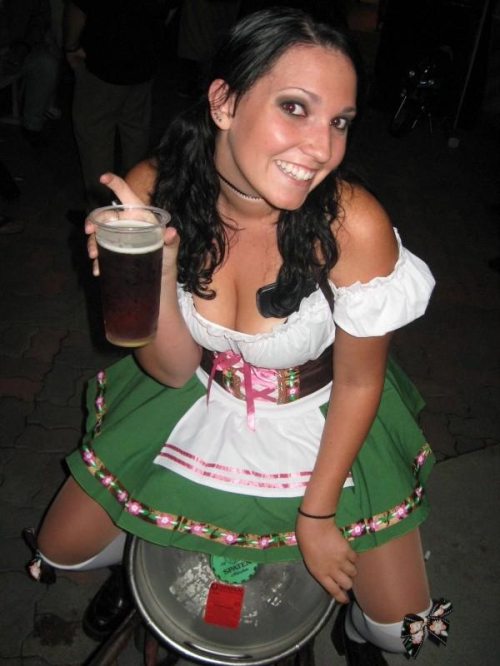 1girl alcohol bavaria beer black_hair breasts cleavage dirndl dress female german long_hair oktoberfest smile solo_focus