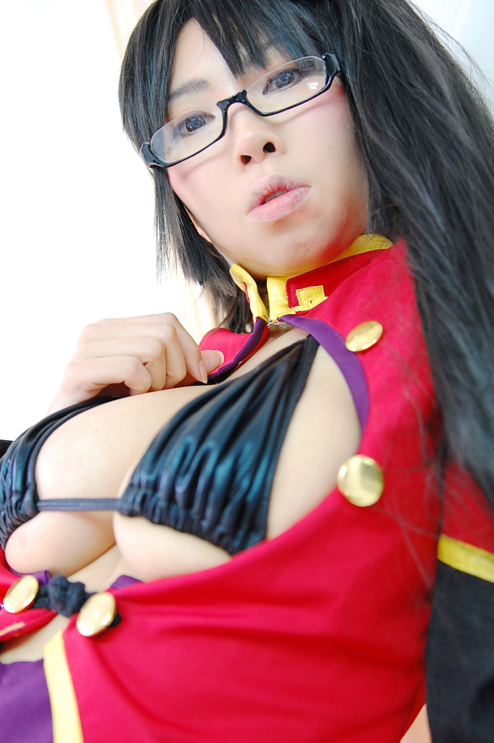 ashiya_noriko asian black_hair breasts cleavage female glasses high_heels large_breasts long_hair shoes solo