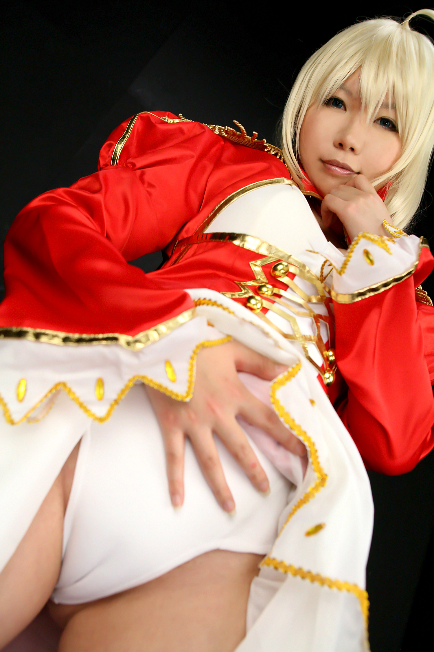 asian blonde_hair boots breasts cosplay dress female high_heels long_hair panties solo