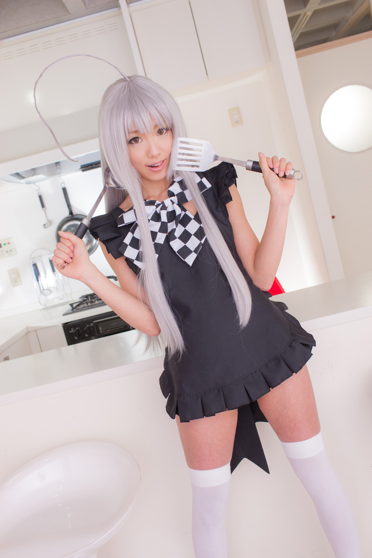 apron asian bra breasts cosplay female grey_hair high_heels long_hair panties shoes solo thighhighs