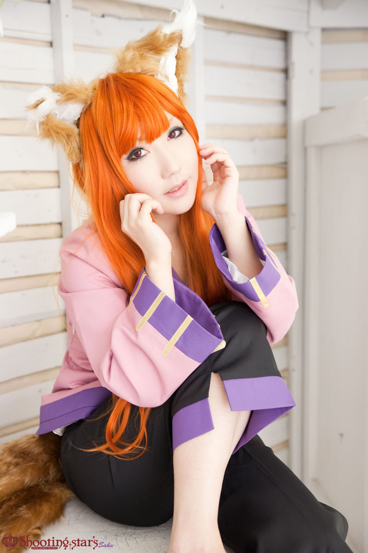 animal_ears asian breasts cosplay female long_hair orange_hair shooting_star solo watermark