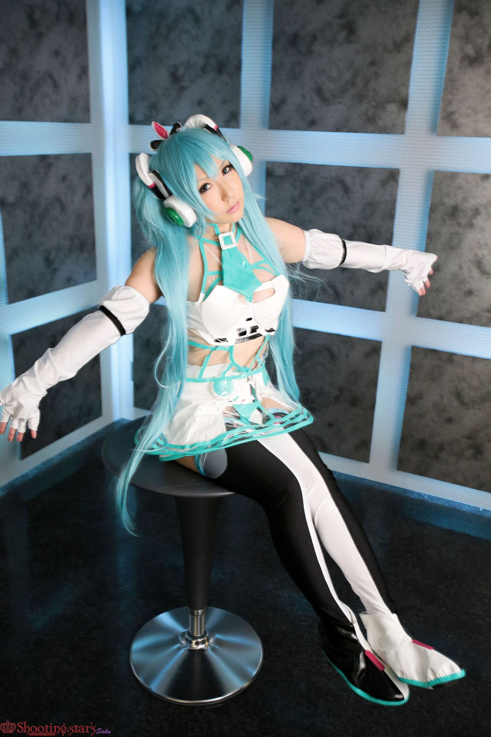 aqua_hair asian breasts cosplay elbow_gloves female gloves long_hair pigtails shooting_star solo watermark