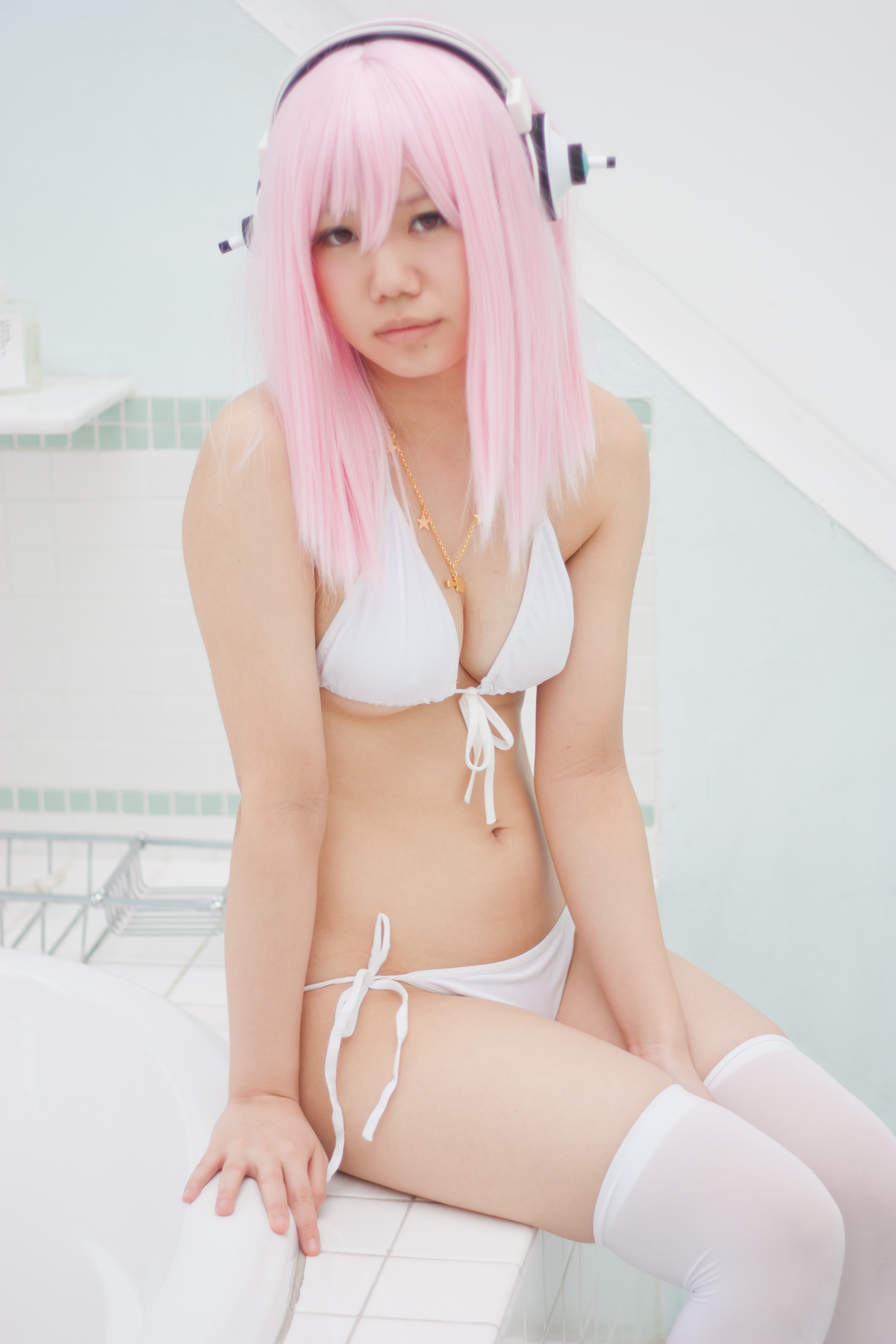 asian bikini breasts cosplay female headphones long_hair pink_hair solo