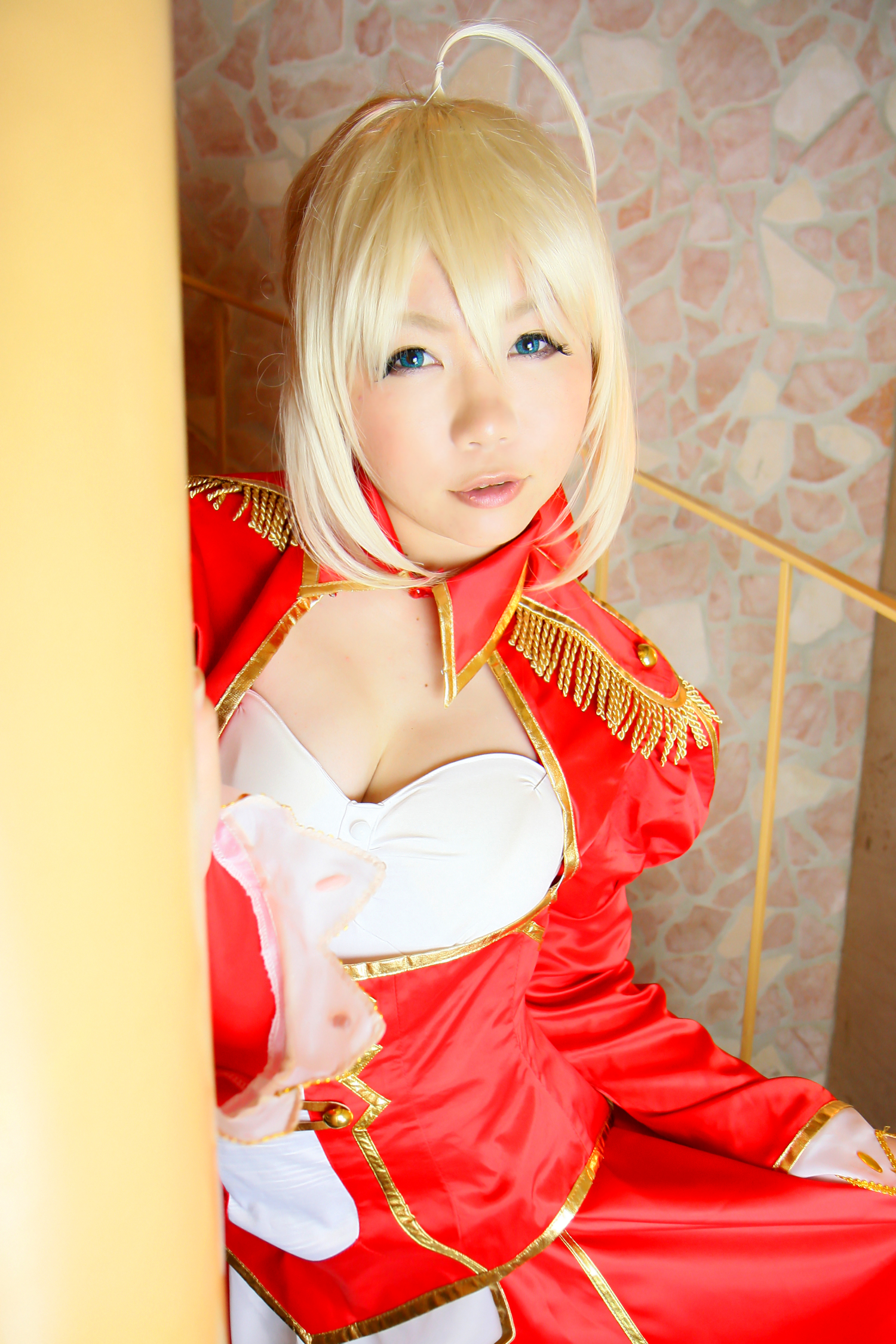 asian blonde_hair boots breasts cosplay dress female high_heels long_hair solo