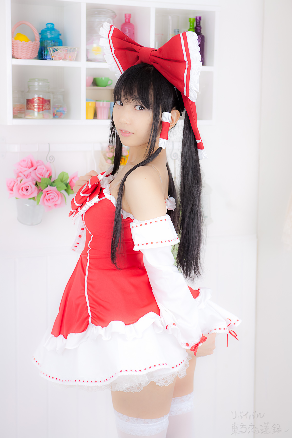 asian black_hair breasts cosplay dress female long_hair shoes solo thighhighs