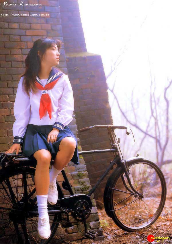 asian bicycle brown_hair bunko_kawazawa japanese long_hair outside school_uniform schoolgirl seifuku sitting skirt solo