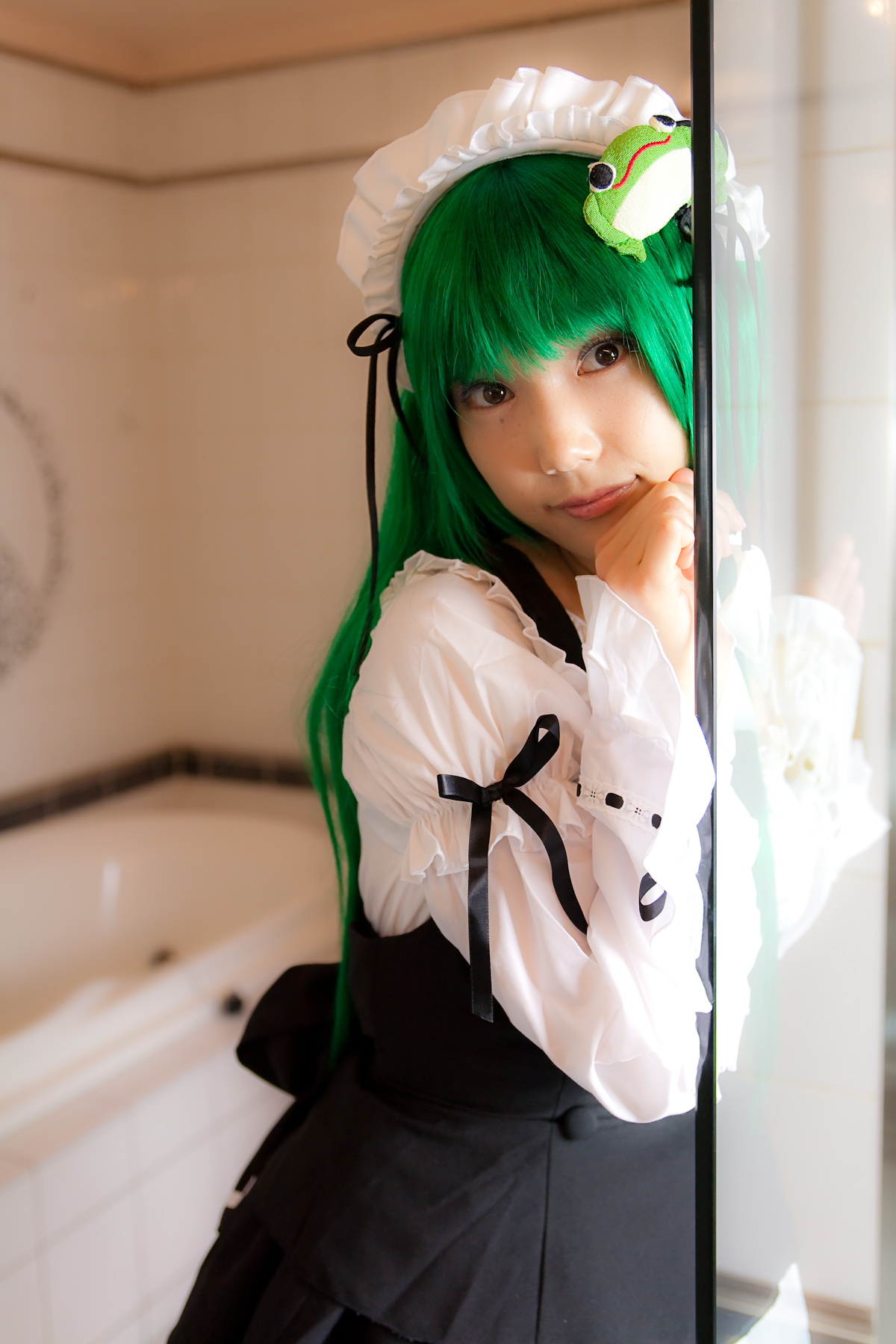 asian breasts cosplay female green_hair lenfried long_hair solo watermark