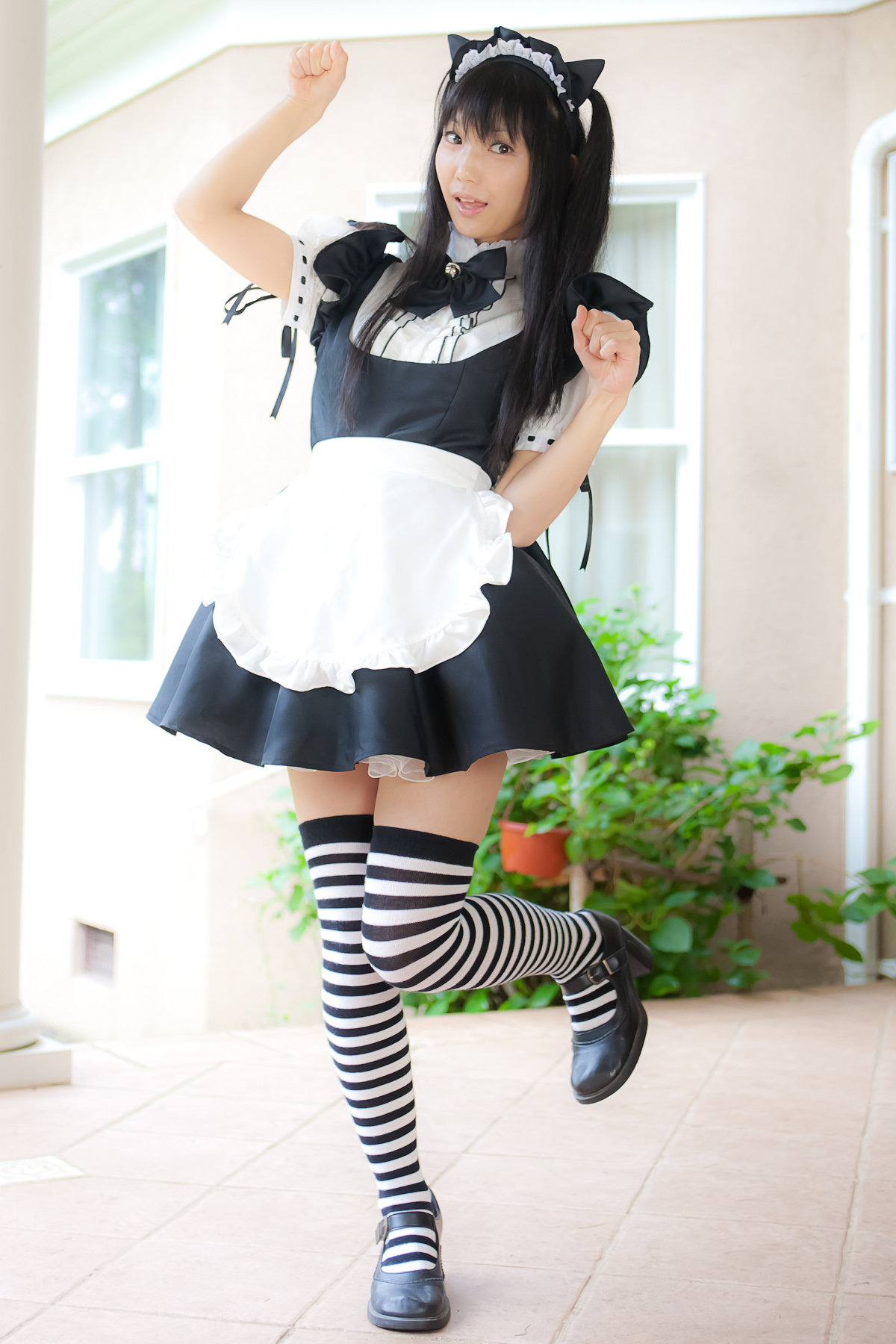 asian black_hair female high_heels lenfried long_hair maid maid_uniform shoes solo striped_socks thighhighs twintails