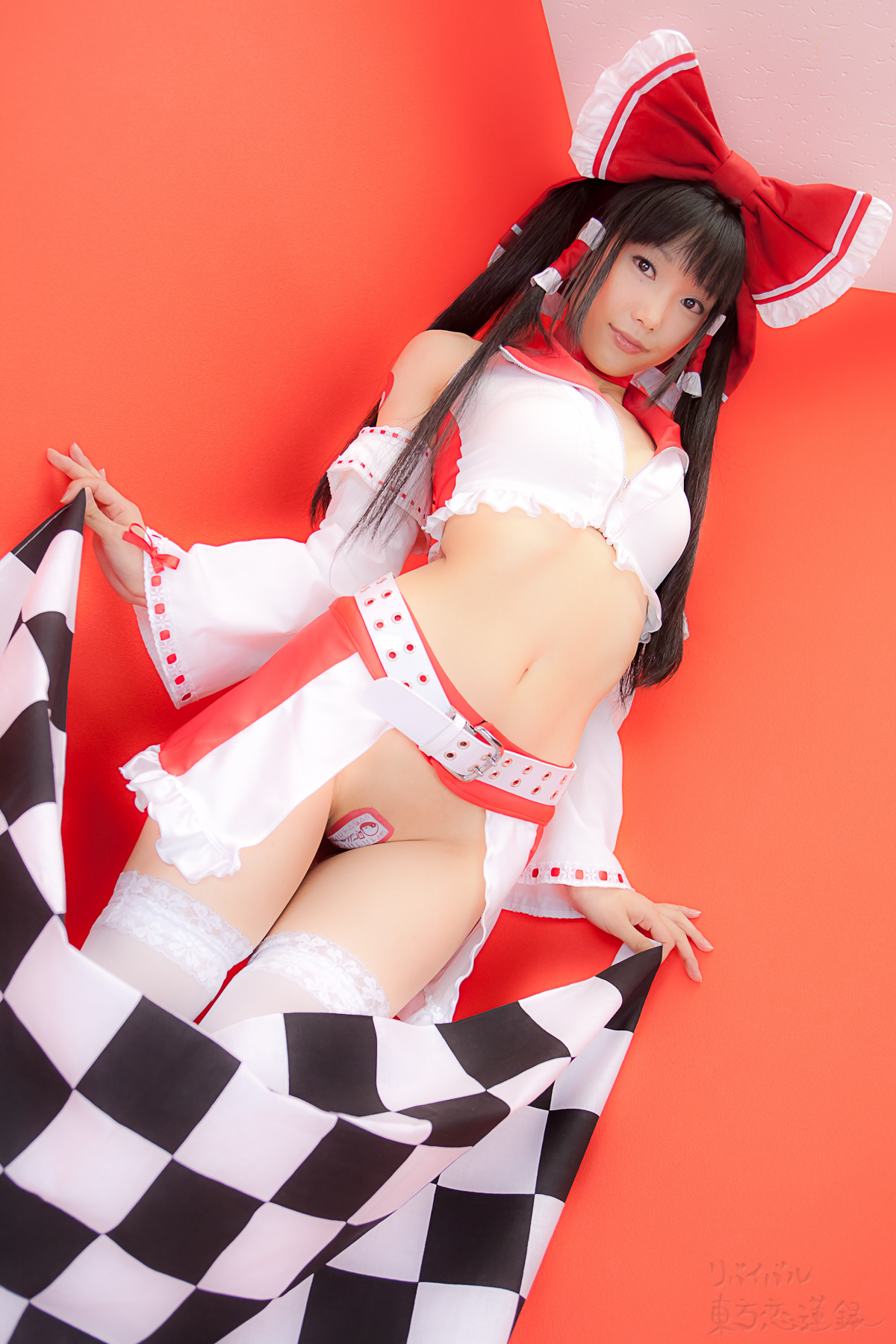 asian belt black_hair breasts cosplay female high_heels long_hair midriff shoes solo thighhighs