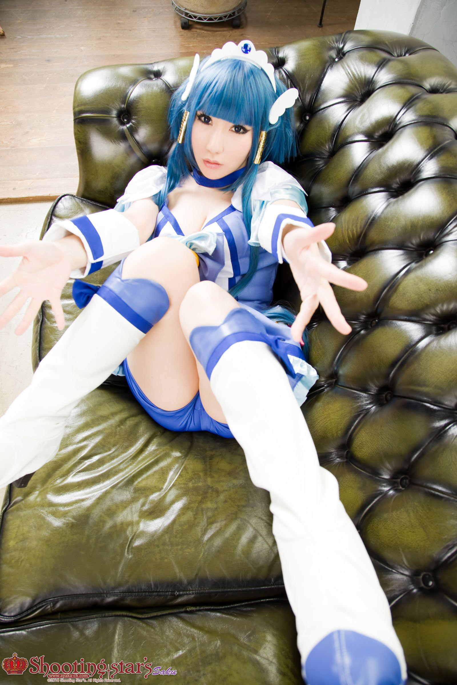 asian blue_hair boots breasts cleavage cosplay dress female high_heels long_hair shooting_star solo watermark