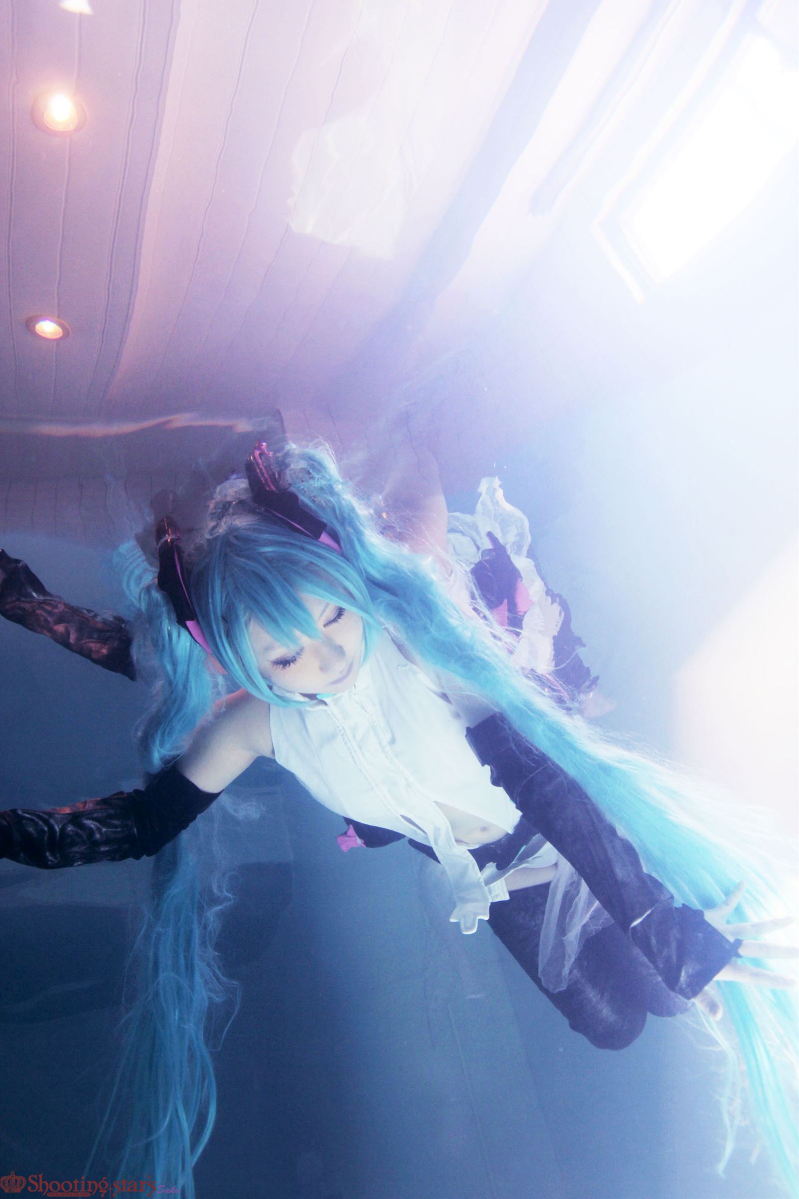 aqua_hair asian breasts cosplay elbow_gloves female gloves long_hair pigtails shooting_star solo watermark