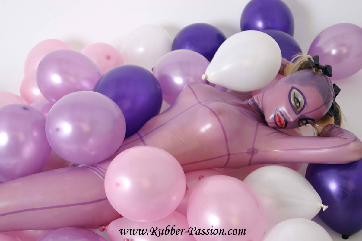 balloon blonde_hair breasts erect_nipples female gloves large_breasts latex long_hair mask nipples see-through simple_background solo twintails watermark