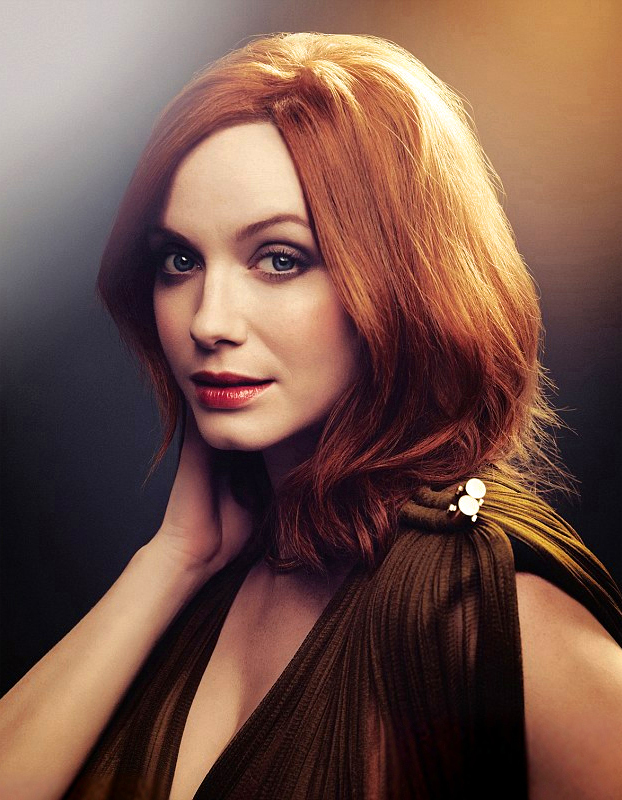 1girl celebrity christina_hendricks clothed female female_only hand_in_hair looking_at_viewer non-nude parted_lips red_hair simple_background solo white