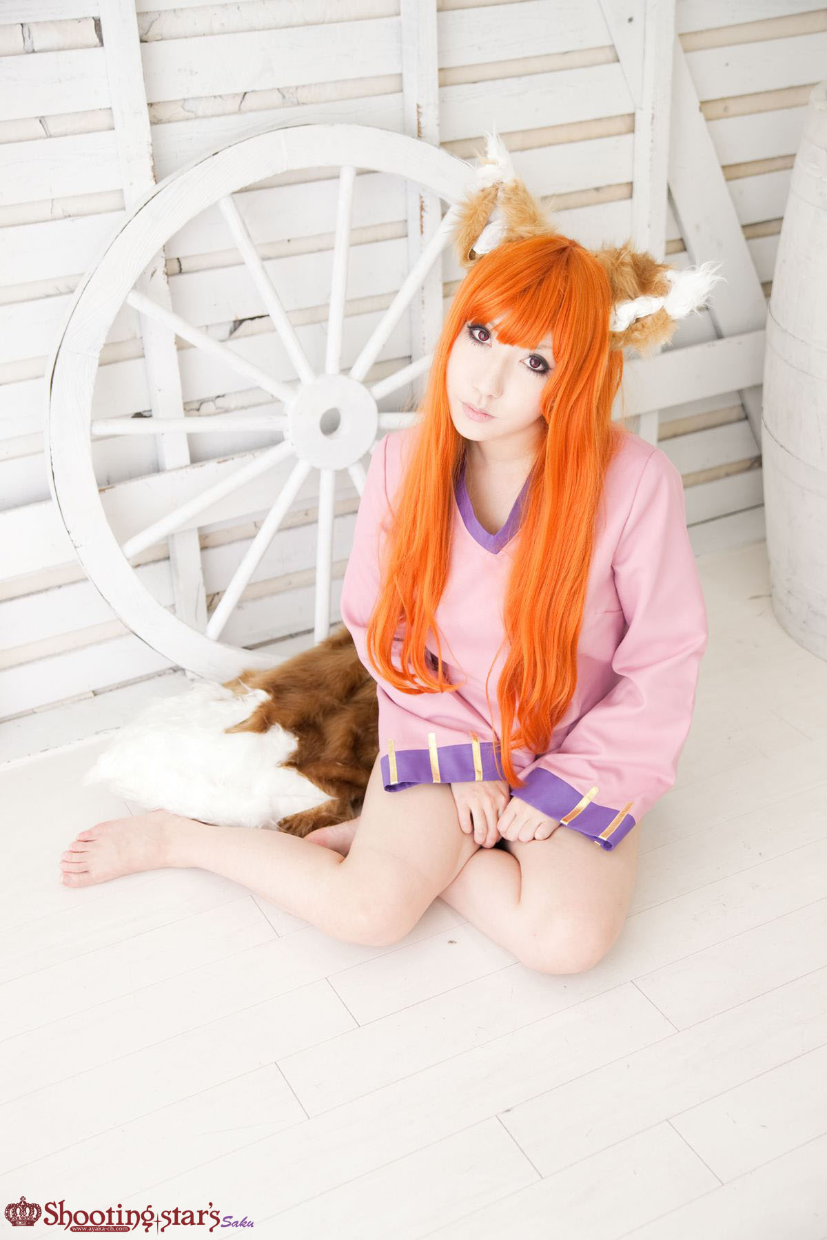 animal_ears asian breasts cosplay female long_hair orange_hair shooting_star solo watermark