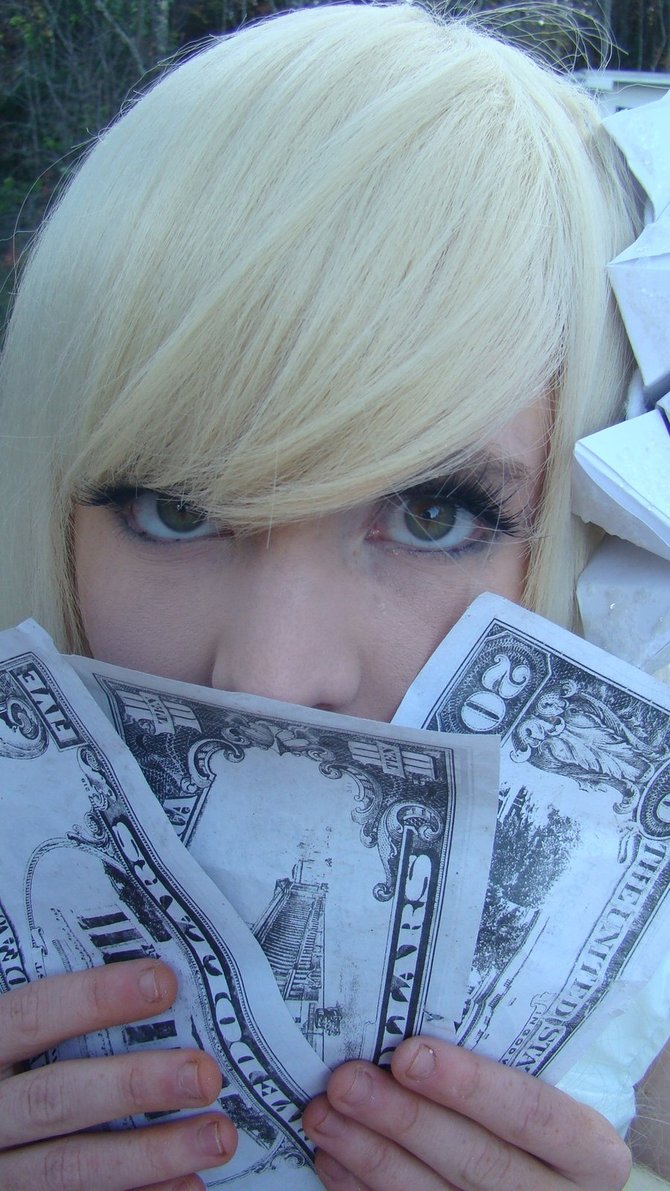 blonde_hair breasts cosplay female foxycosplay long_hair money solo tagme