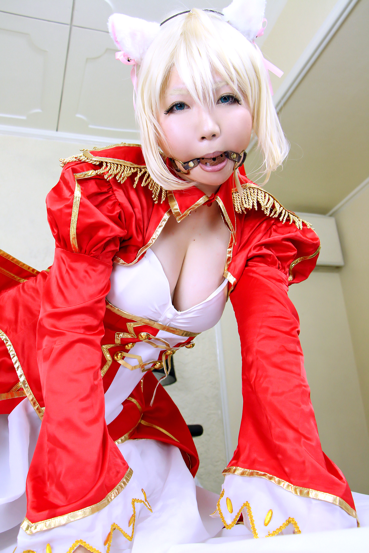 asian ball_gag blonde_hair boots breasts cleavage cosplay dress female high_heels long_hair panties solo
