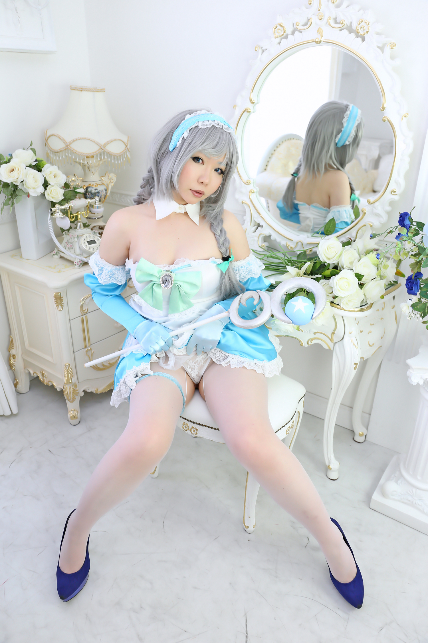asian breasts cosplay dress female gloves gray_hair high_heels long_hair shoes solo thighhighs