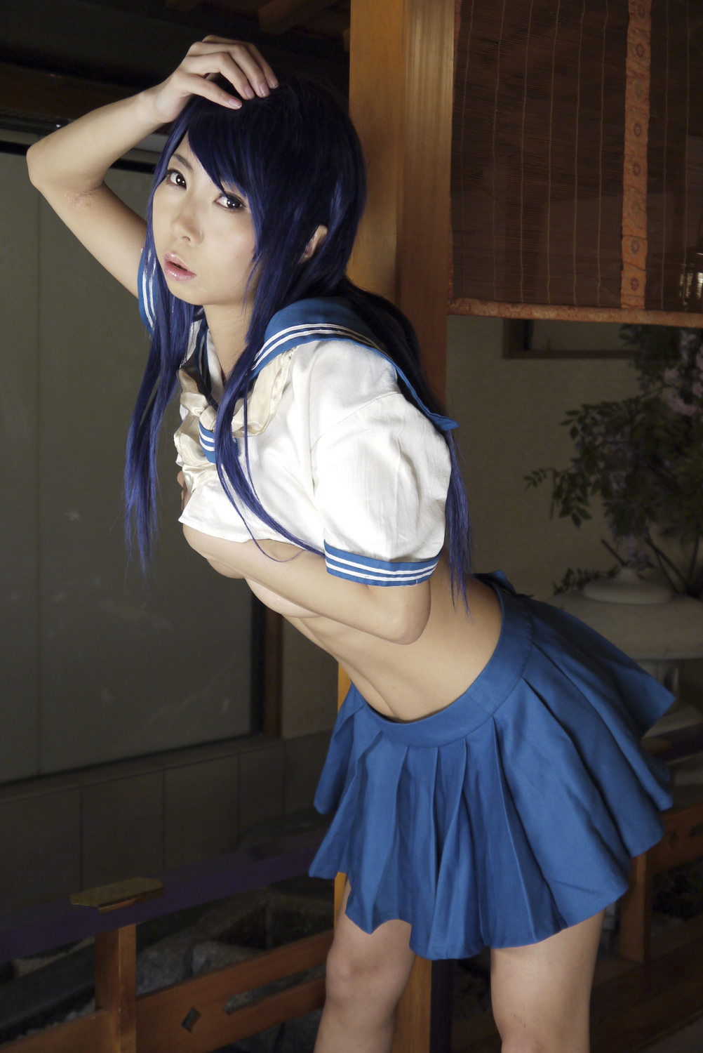 ashiya_noriko asian blue_hair breasts female large_breasts long_hair navel shoes socks solo