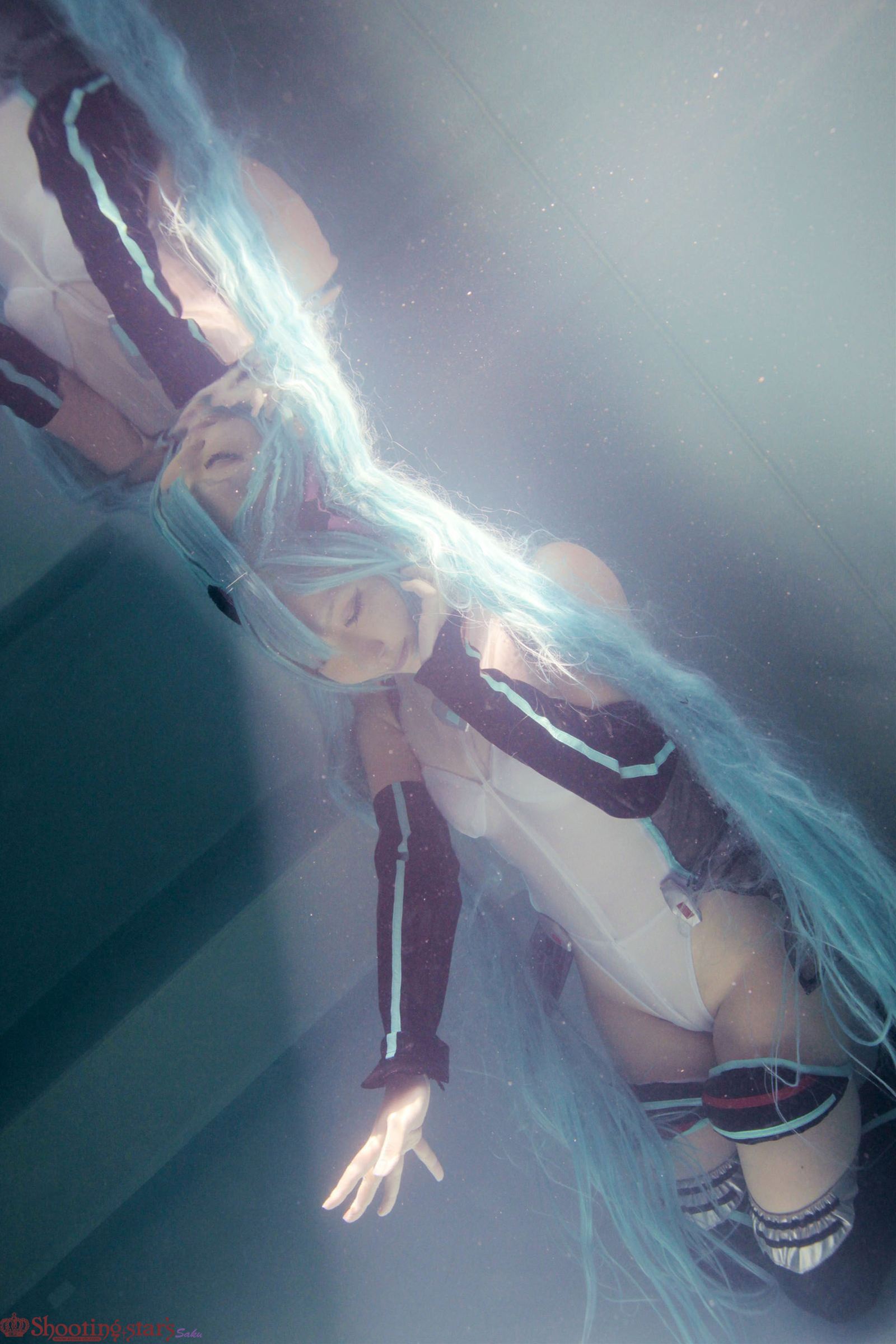 aqua_hair asian breasts cosplay elbow_gloves female gloves long_hair pigtails shooting_star solo watermark