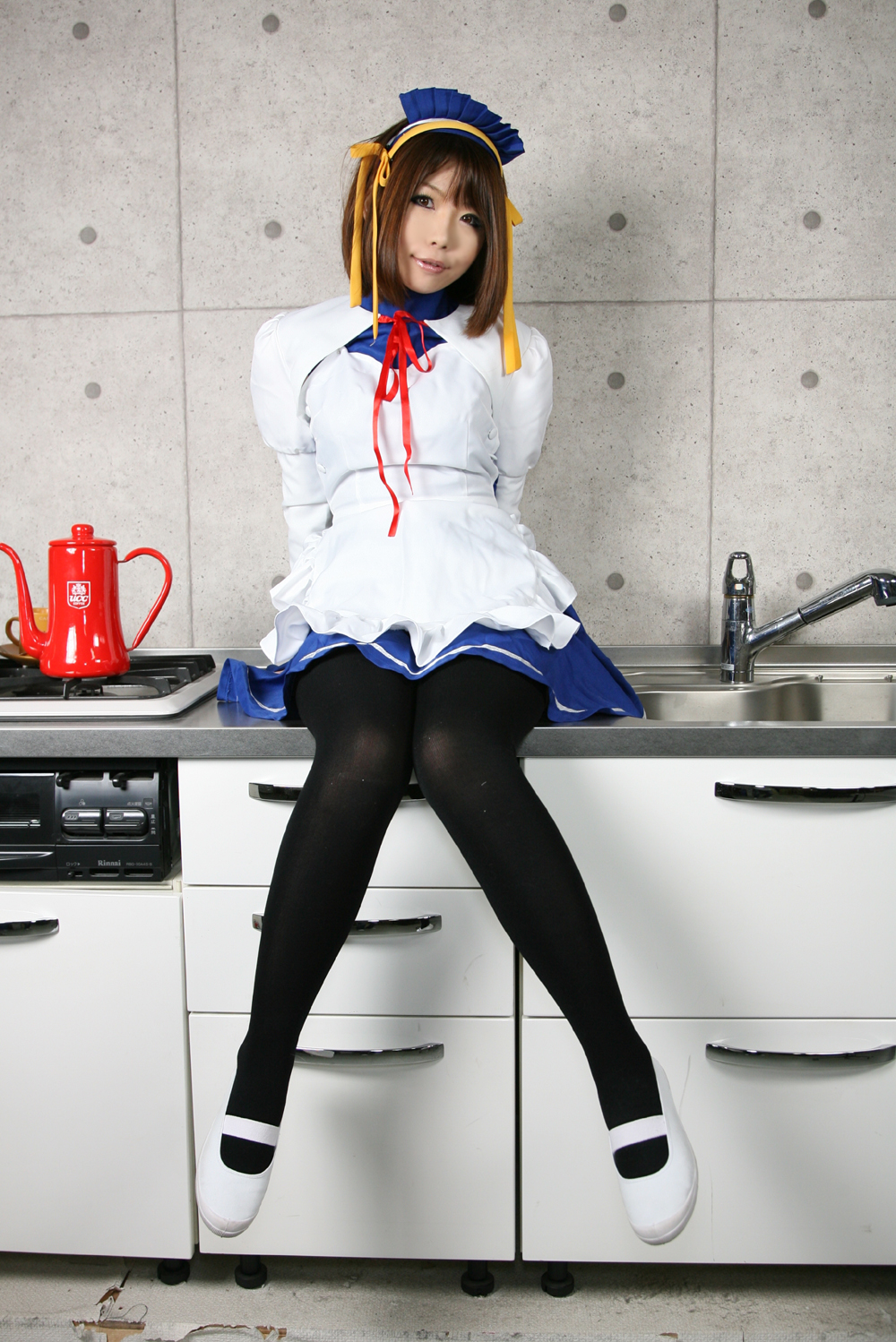 apron asian breasts brown_hair cosplay female hairband kitchen shoes short_hair skirt solo thighhighs