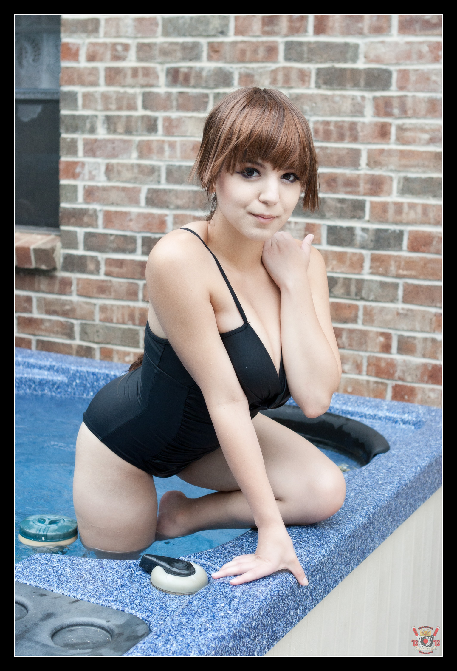 breasts brown_hair bunny_ayumi cleavage cosplay female large_breasts long_hair outside solo swimsuit water wet
