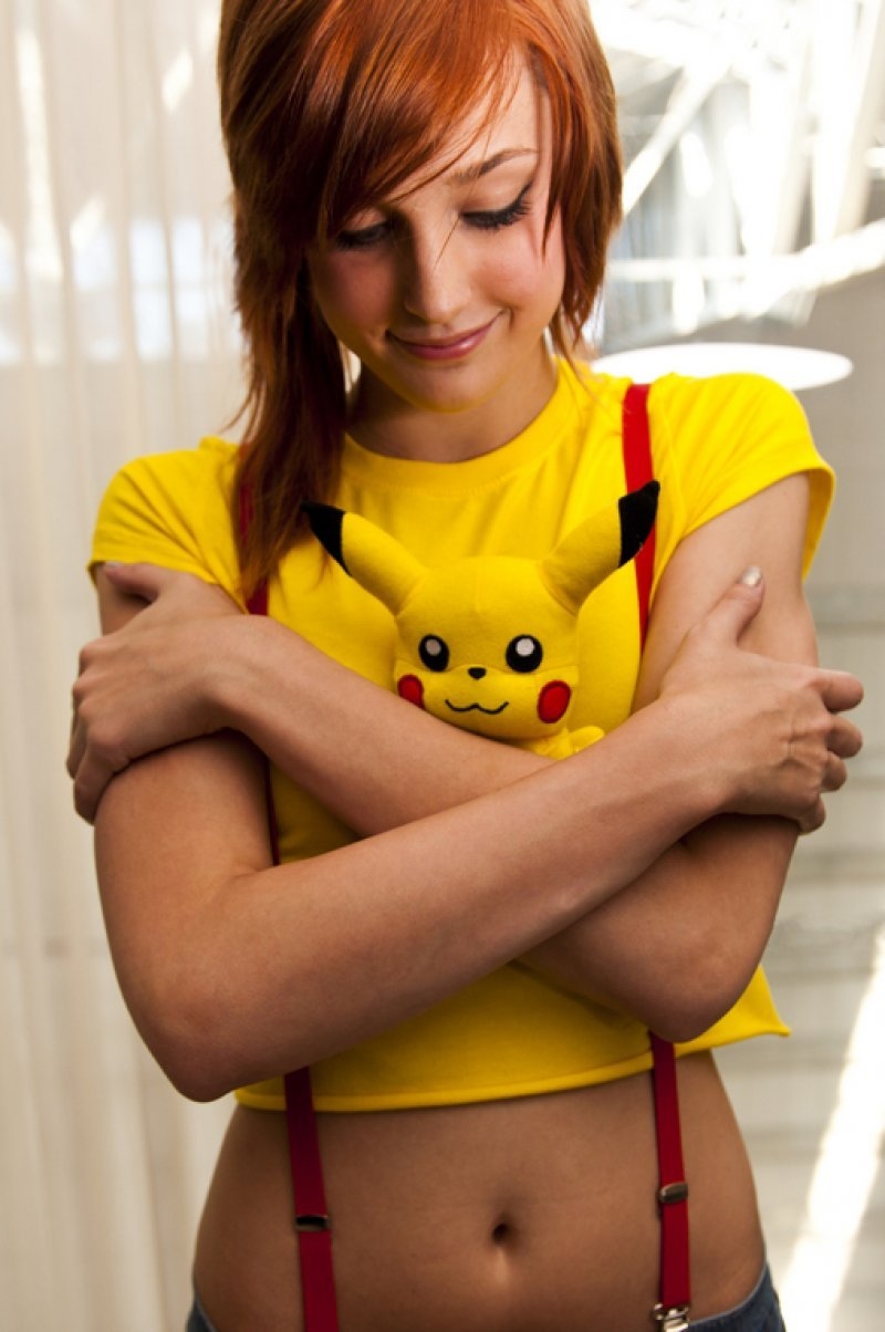 :3 cosplay misty_(pokemon) navel nintendo photo pikachu pokemon red_hair suspenders