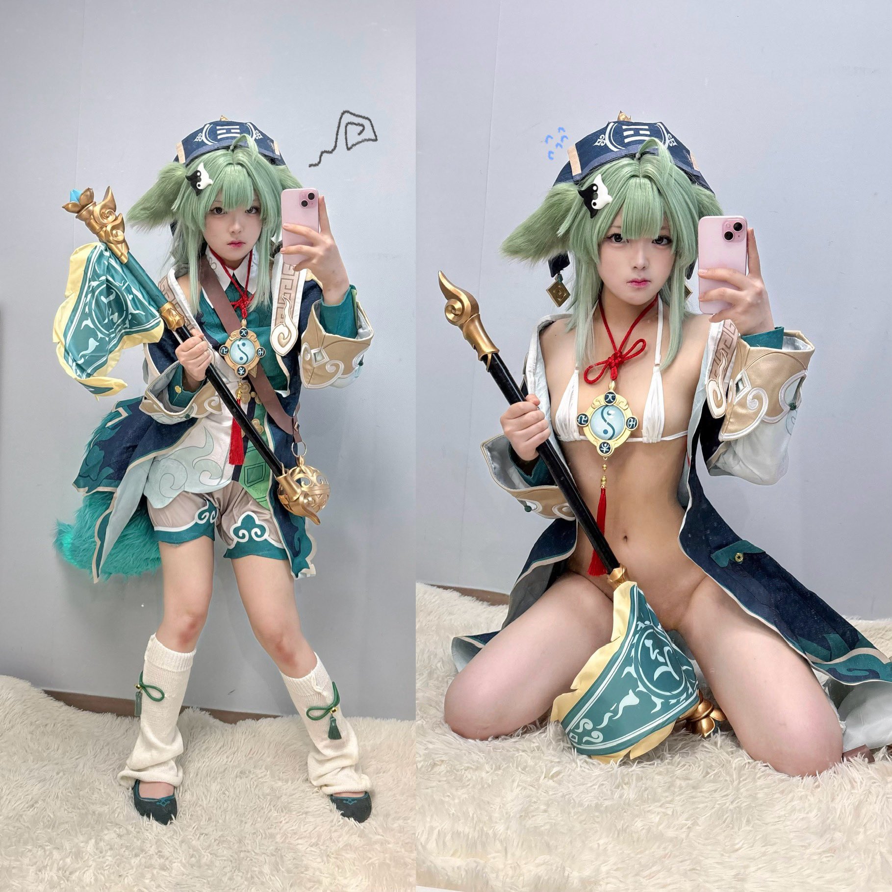 1girl asian cosplay green_hair honkai:_star_rail honkai_(series) huohuo_(honkai:_star_rail) kneeling korean micro_bikini mongja selfie solo split_screen standing twitter