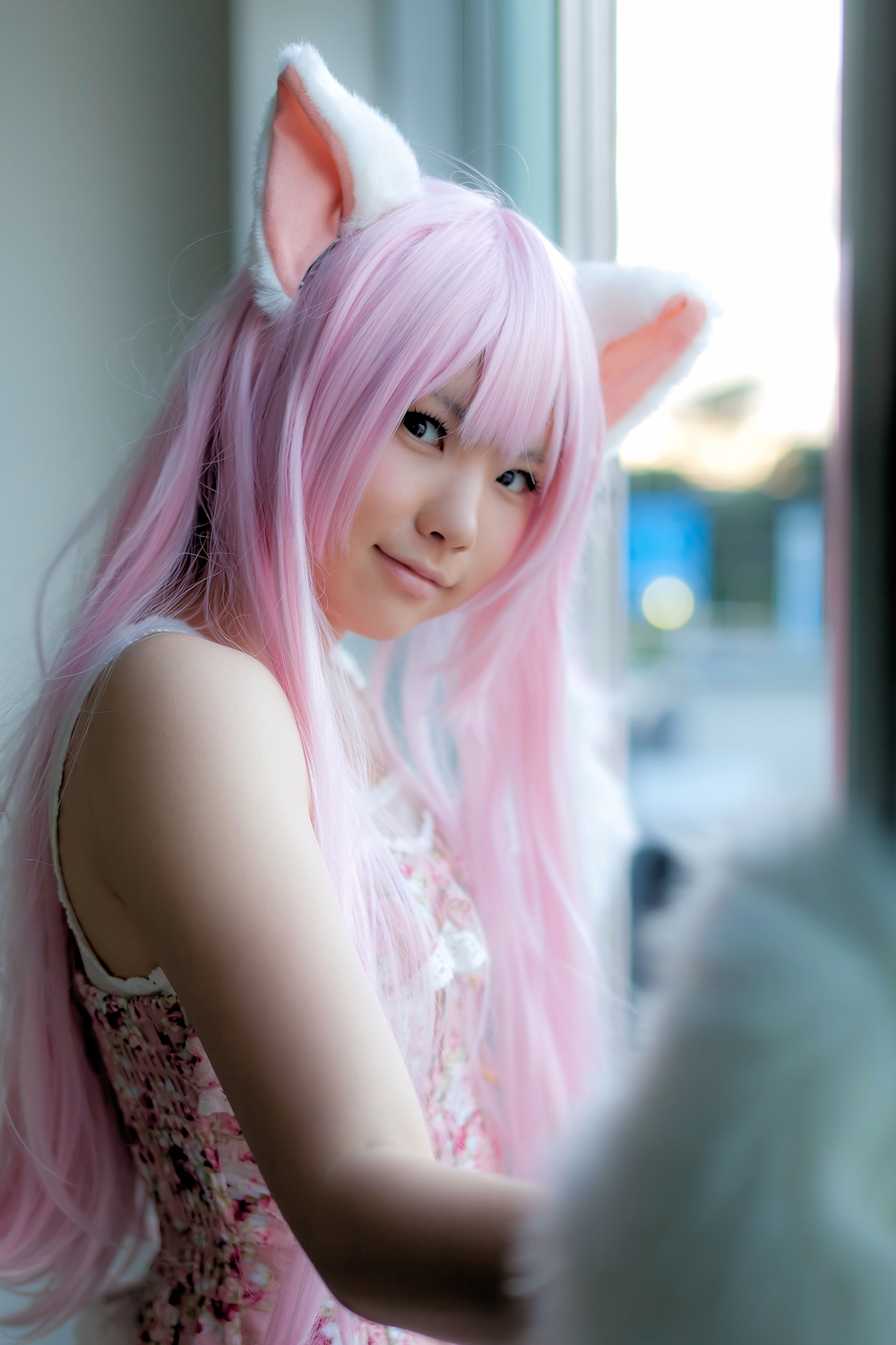 animal_ears asian breasts cosplay enako female female_only long_hair pink_hair solo solo_female