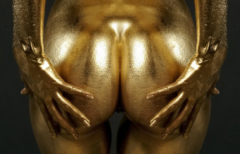ass bodypaint fingernails gold hands_on_ass nude paint photo real_person thigh_gap