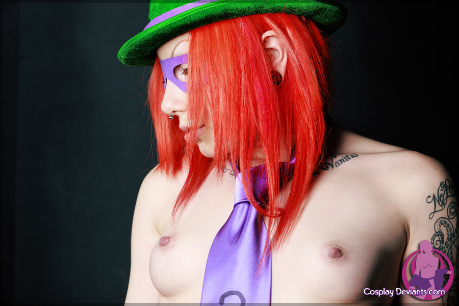 breasts cosplay female hat long_hair porphyria red_hair simple_background solo watermark