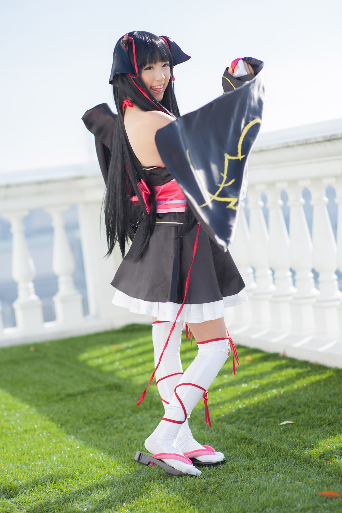 asian bare_shoulders black_hair breasts cosplay dress female long_hair shoes socks solo