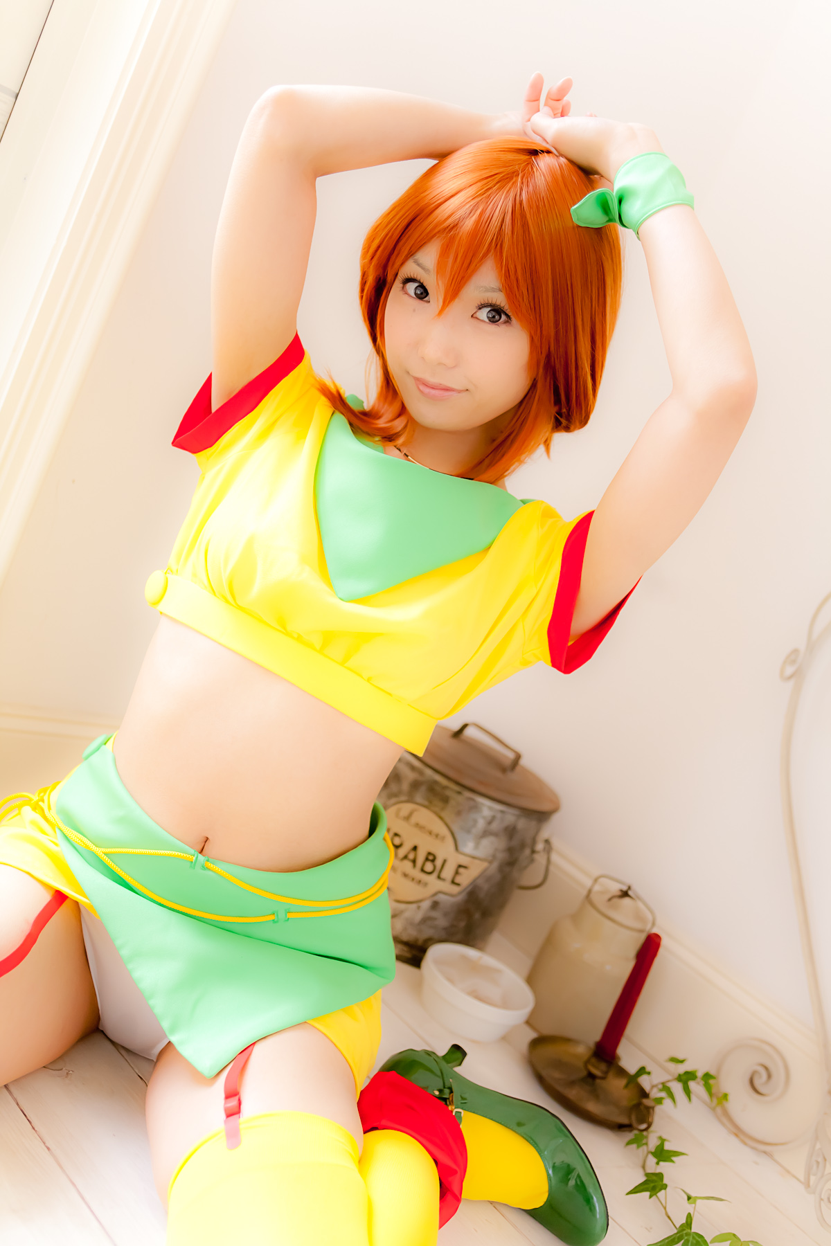 asian breasts cosplay female garter_belt long_hair midriff necklace orange_hair panties skirt solo thighhighs