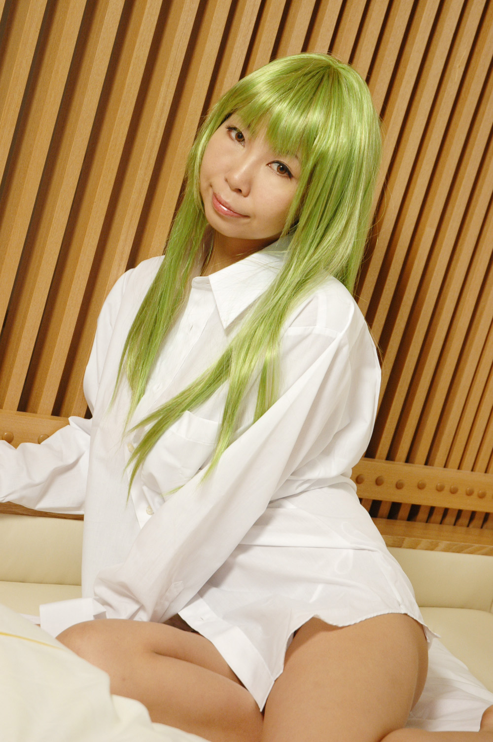 1girl ashiya_noriko asian breasts c.c. code_geass cosplay female green_hair japanese large_breasts long_hair no_pants solo white_shirt